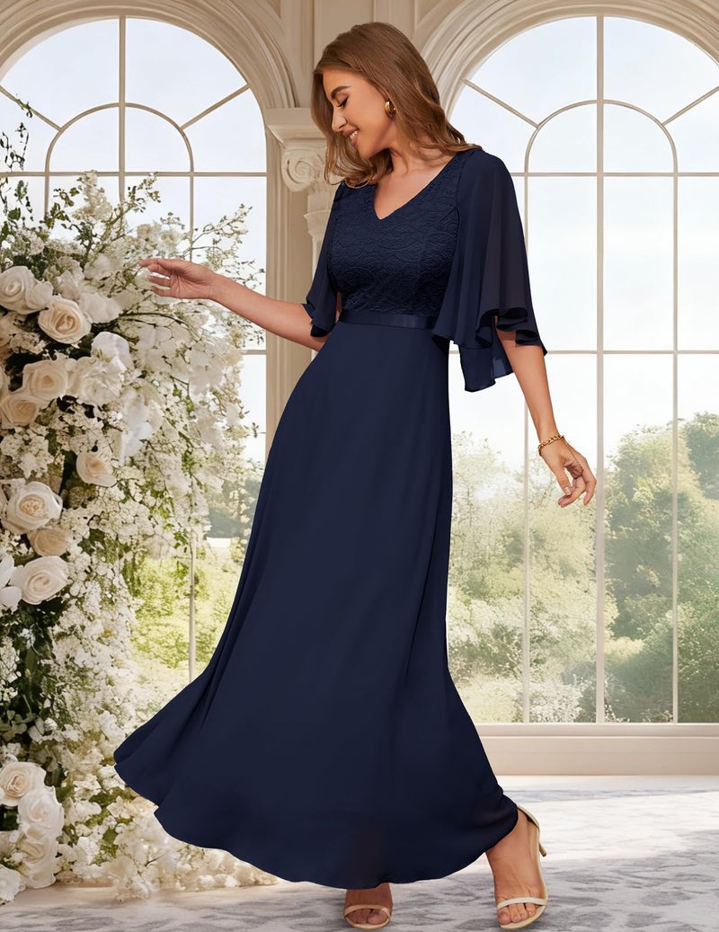 DRESSTELLS Women's Formal Wedding Guest Dresses, 2025 Fall Bridesmaid Teens Church Maxi Dress, 1950s Vintage Chiffon Modest Mother of Bride Dress, Navy M - Image 3