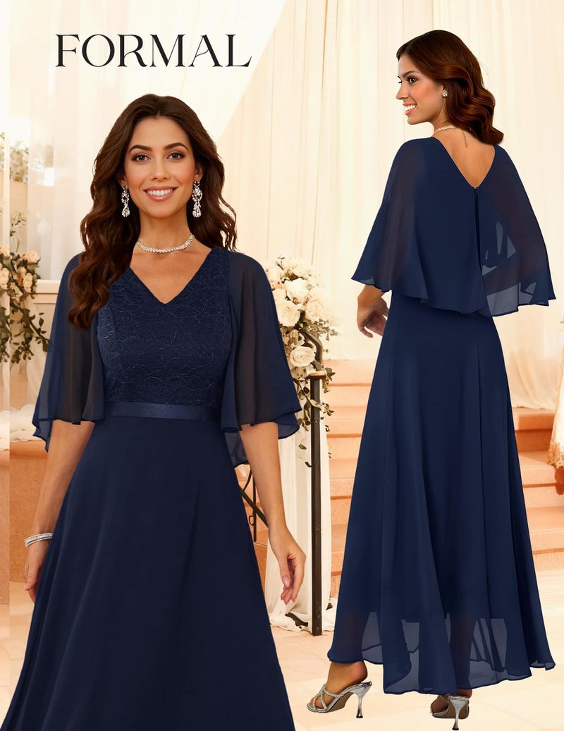 DRESSTELLS Women's Formal Wedding Guest Dresses, 2025 Fall Bridesmaid Teens Church Maxi Dress, 1950s Vintage Chiffon Modest Mother of Bride Dress, Navy M - Image 2