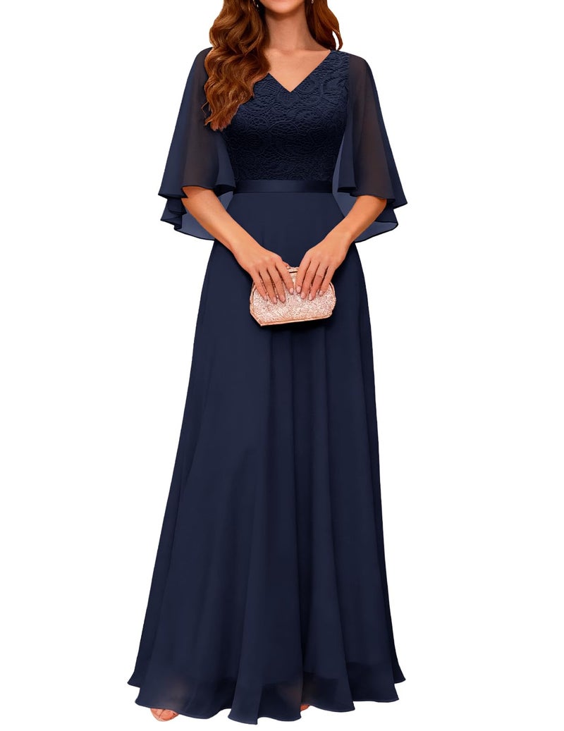 DRESSTELLS Women's Formal Wedding Guest Dresses, 2025 Fall Bridesmaid Teens Church Maxi Dress, 1950s Vintage Chiffon Modest Mother of Bride Dress, Navy M - Image 1