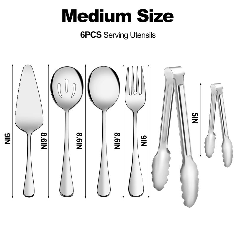 XEVOM Serving Utensils, XEVOM 6-Piece Stainless Steel Serving Utensil Set Include Serving Spoon, Slotted Serving Spoon, Serving Fork,Serving Tong, Appetizers Tong,Pie Server (Silver), Regular - Image 2