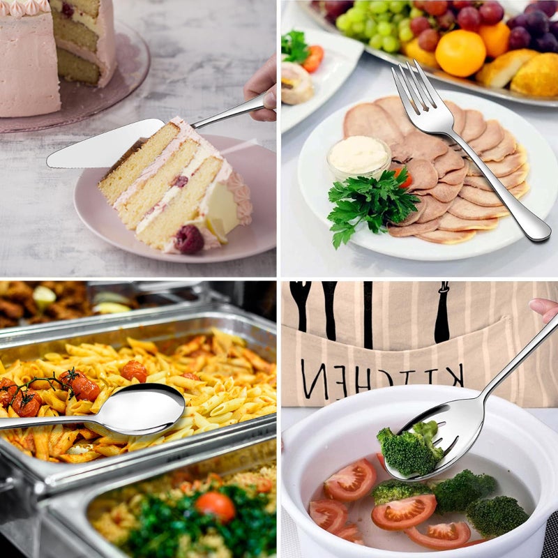 XEVOM Serving Utensils, XEVOM 6-Piece Stainless Steel Serving Utensil Set Include Serving Spoon, Slotted Serving Spoon, Serving Fork,Serving Tong, Appetizers Tong,Pie Server (Silver), Regular - Image 4