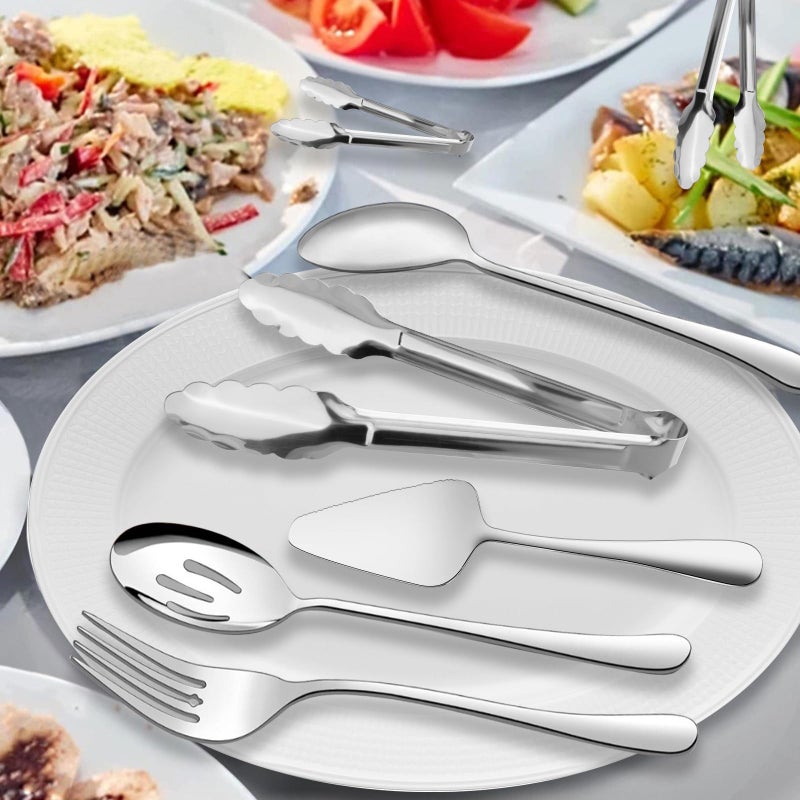 XEVOM Serving Utensils, XEVOM 6-Piece Stainless Steel Serving Utensil Set Include Serving Spoon, Slotted Serving Spoon, Serving Fork,Serving Tong, Appetizers Tong,Pie Server (Silver), Regular - Image 3