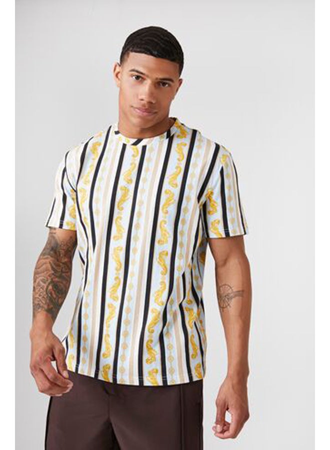 FOREVER 21 Striped Ornate Crew Tee - Image 1