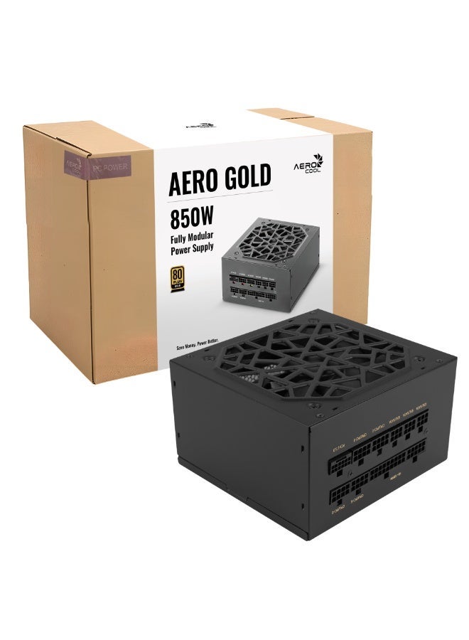 AeroCool مزود الطاقة AERO GOLD 850W V.2 الأسود | متوافق مع ATX 3.1 و PCIe 5.1 | معتمد 80 PLUS ذهبية | مزود طاقة كامل التعديل | موصل 12V-2x6 | مكثفات يابانية 105°C | تذبذب <50mV | مروحة HDB صامتة 120mm | مزود طاقة عالي الكفاءة للكمبيوتر | حماية متعددة (OVP/UVP/OCP/OPP/SCP/OTP) | إدارة كابلات نظيفة | تصميم مدمج 140mm | سلك طاقة من الاتحاد الأوروبي متضمن - Image 1