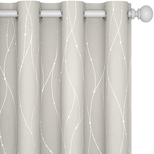 Deconovo Beige Curtains for Living Room, Light Darkening Soundproof Drapes with Wave Dots Silver Print, Farmhouse Boho Curtain, 52 x 84 Inch Long, Set of 2 Window Panels for Bedroom Office Nursery - Image 1