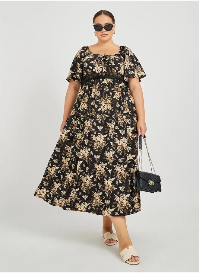 ستايلي Styli Plus Size Printed Lace Detail A-Line Maxi Dress