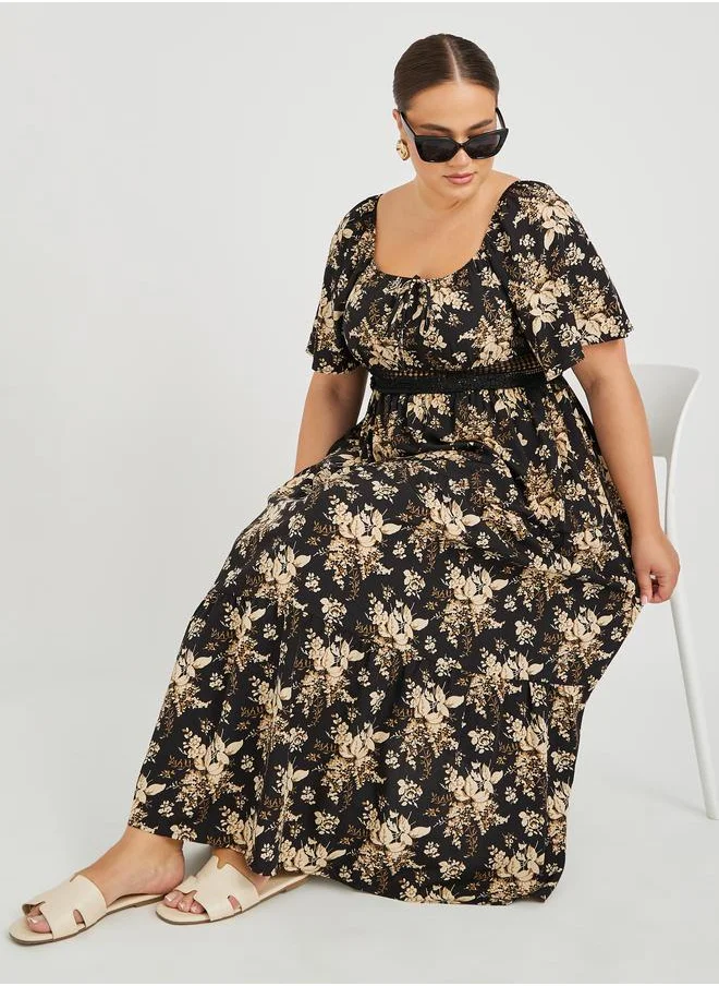 ستايلي Styli Plus Size Printed Lace Detail A-Line Maxi Dress