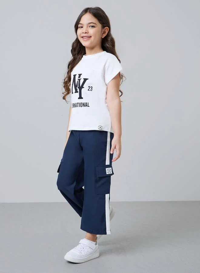 Styli Girls Graphic T-Shirt and Side Stripe Cargo Pants Set
