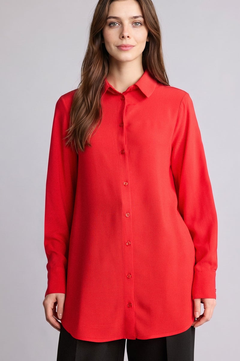 DeFacto Red Woman Regular Fit Shirt Collar Long Sleeve Tunic Casual - Image 1