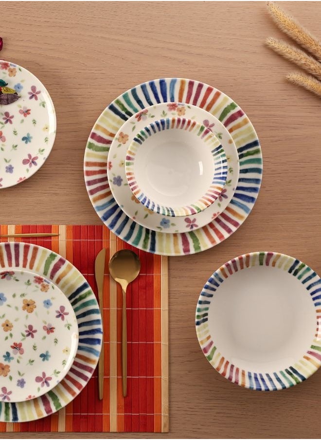 Cooker Dinner Set, 24 Pieces for 6 Persons, Fine Porcelain, Made in Turkey, with Cheerful Multicolor Decoration - Multicolors