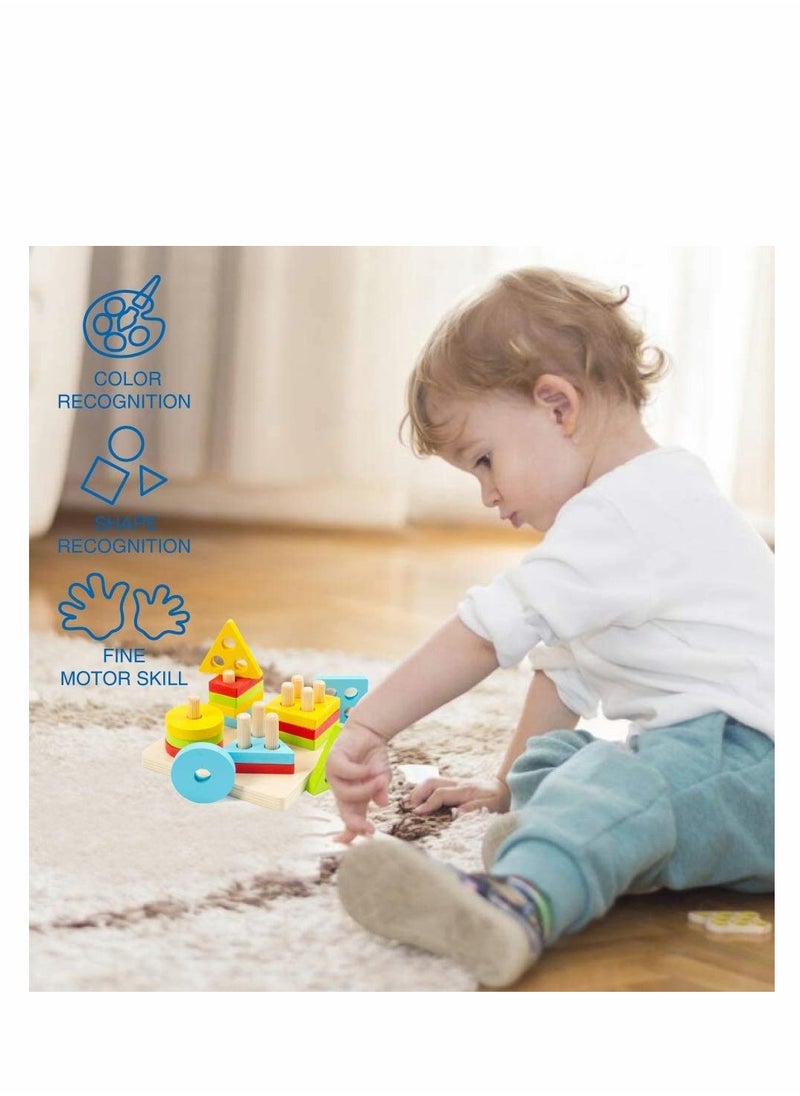 Excefore - Wooden Sorting & Stacking Toy, Preschool Toddlers Educational Shape Color Recognition Puzzle Stacker, Early Childhood Development Puzzle Toys for 1 2 3 4+ Years Old Boys Girls (4 Shapes) - Image 1