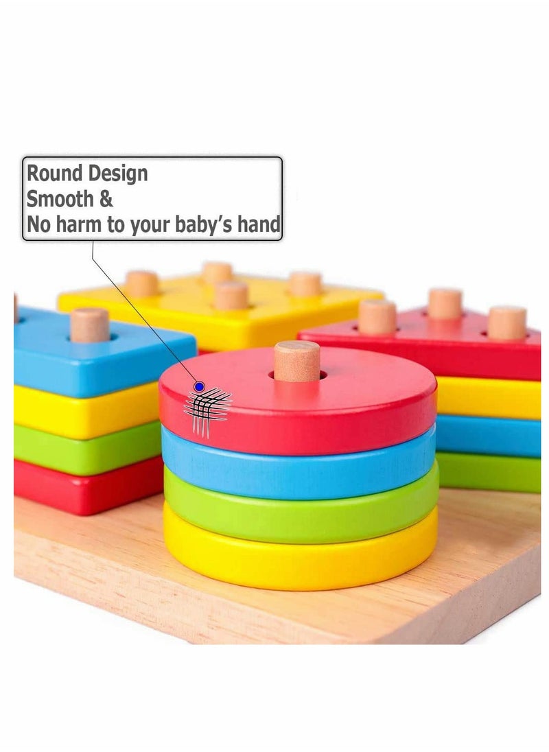 Excefore - Wooden Sorting & Stacking Toy, Preschool Toddlers Educational Shape Color Recognition Puzzle Stacker, Early Childhood Development Puzzle Toys for 1 2 3 4+ Years Old Boys Girls (4 Shapes) - Image 1