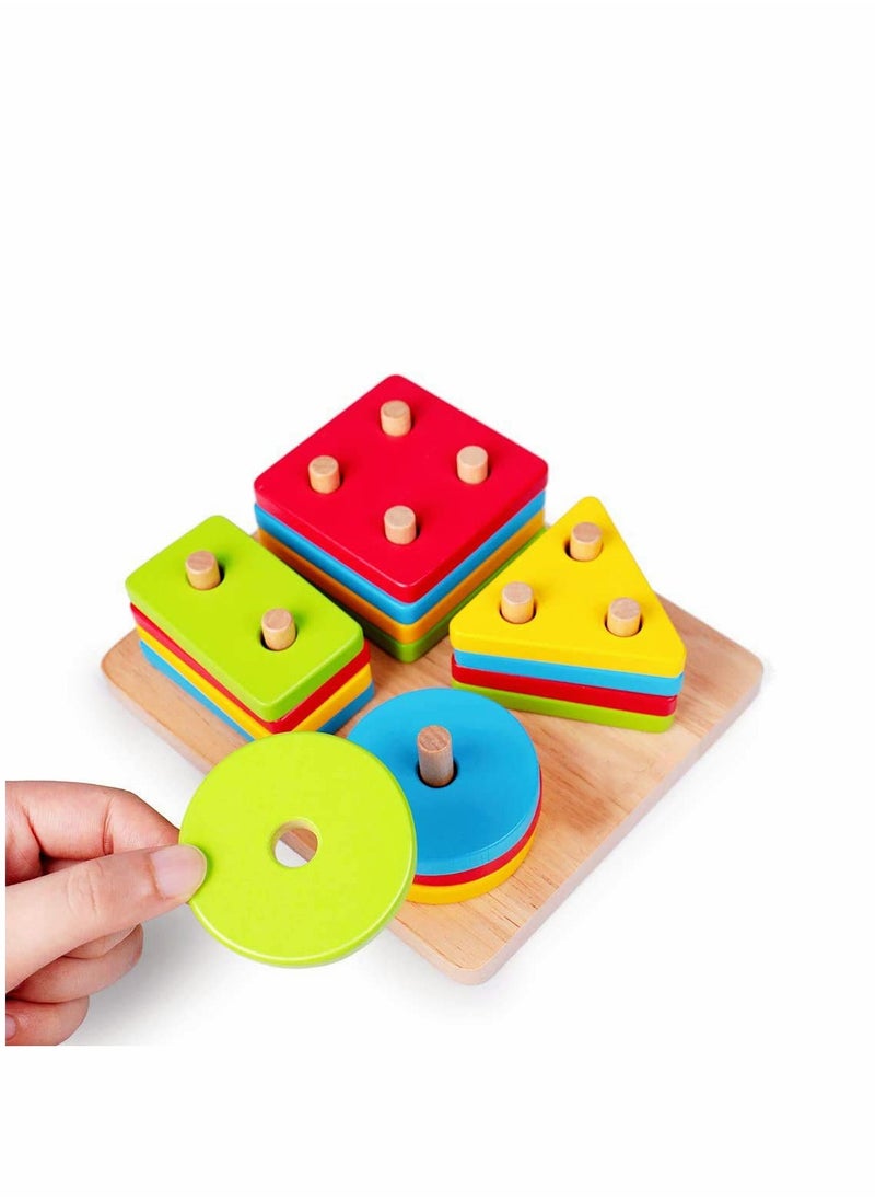 Excefore - Wooden Sorting & Stacking Toy, Preschool Toddlers Educational Shape Color Recognition Puzzle Stacker, Early Childhood Development Puzzle Toys for 1 2 3 4+ Years Old Boys Girls (4 Shapes) - Image 1
