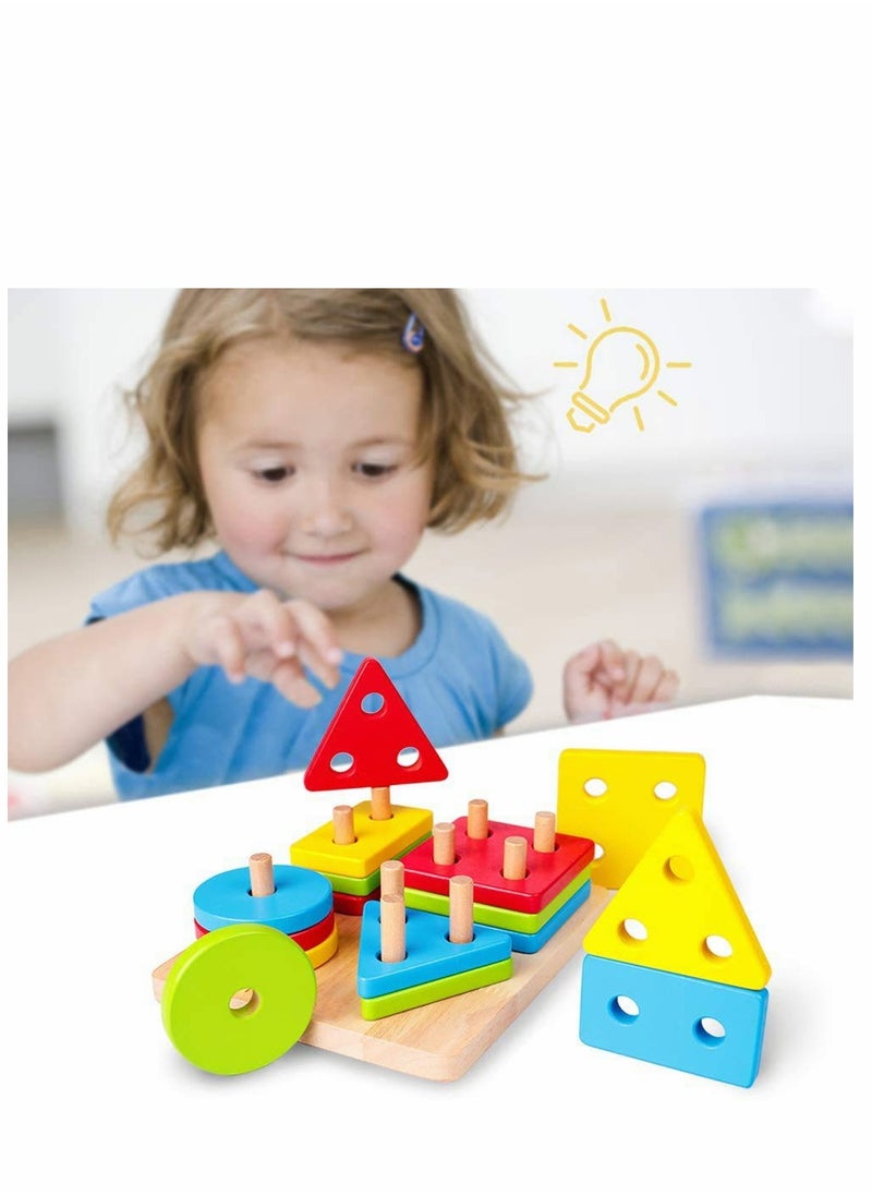Excefore - Wooden Sorting & Stacking Toy, Preschool Toddlers Educational Shape Color Recognition Puzzle Stacker, Early Childhood Development Puzzle Toys for 1 2 3 4+ Years Old Boys Girls (4 Shapes) - Image 1