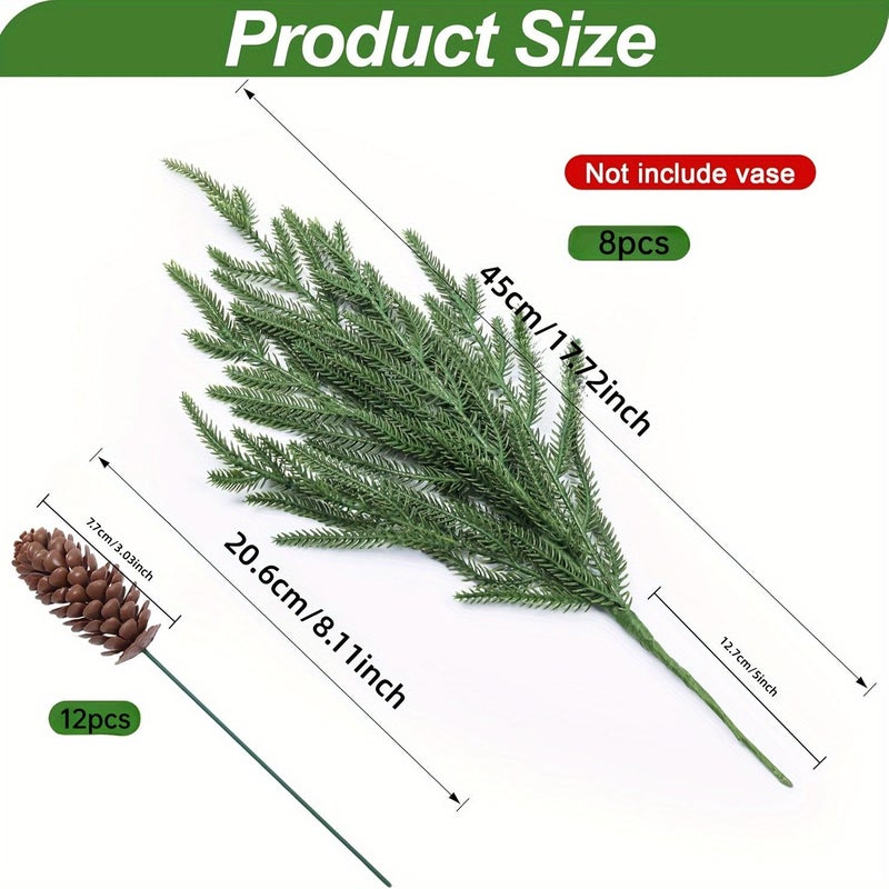 8pcs Artificial Norfolk Pine Branches and 12pcs Pinecone Stems Real Touch 17 Inches Faux Christmas Greenery Picks Plastic for Indoor Outdoor Home Decor - Image 4