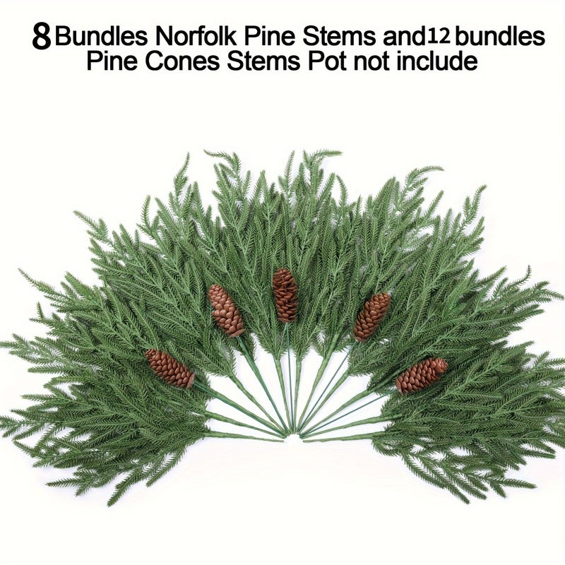 8pcs Artificial Norfolk Pine Branches and 12pcs Pinecone Stems Real Touch 17 Inches Faux Christmas Greenery Picks Plastic for Indoor Outdoor Home Decor - Image 5