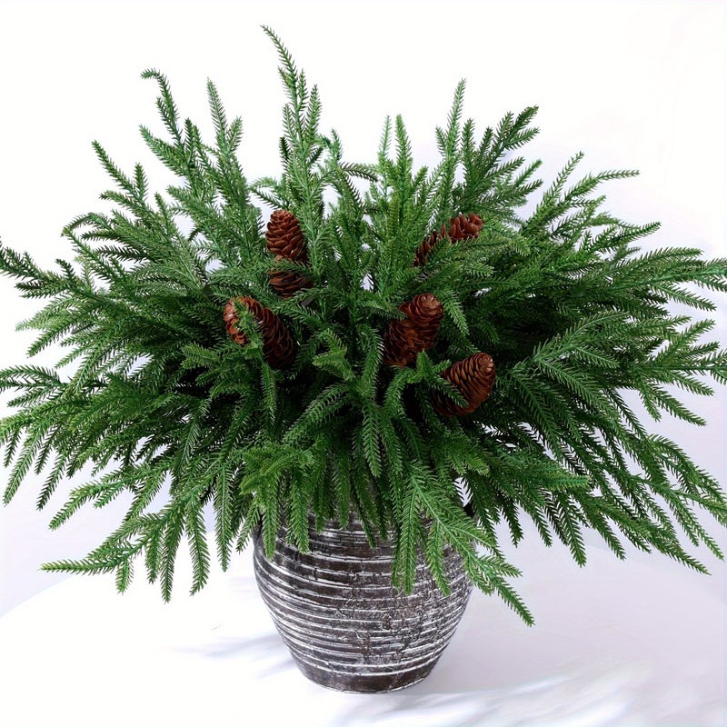8pcs Artificial Norfolk Pine Branches and 12pcs Pinecone Stems Real Touch 17 Inches Faux Christmas Greenery Picks Plastic for Indoor Outdoor Home Decor - Image 1