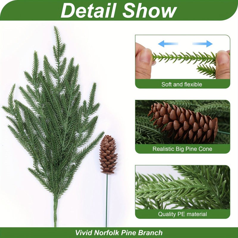 8pcs Artificial Norfolk Pine Branches and 12pcs Pinecone Stems Real Touch 17 Inches Faux Christmas Greenery Picks Plastic for Indoor Outdoor Home Decor - Image 3