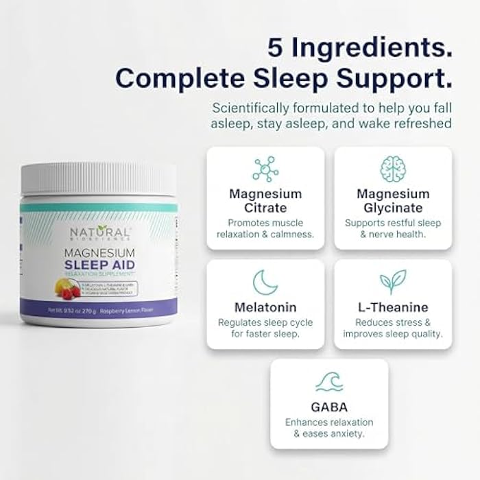 Natural BioScience Magnesium Sleep Night Time Powder - Magnesium Citrate, Magnesium Glycinate with Melatonin, L-Theanine and GABA Sleep Aid, Natural Sleep Supplement, Vegan, Gluten-Free, Raspberry Lemon Flavor - Image 2