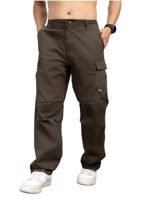 Men's Dark Olive Cotton Blend Solid Pattern Full Length Cargo Relaxed Trouser