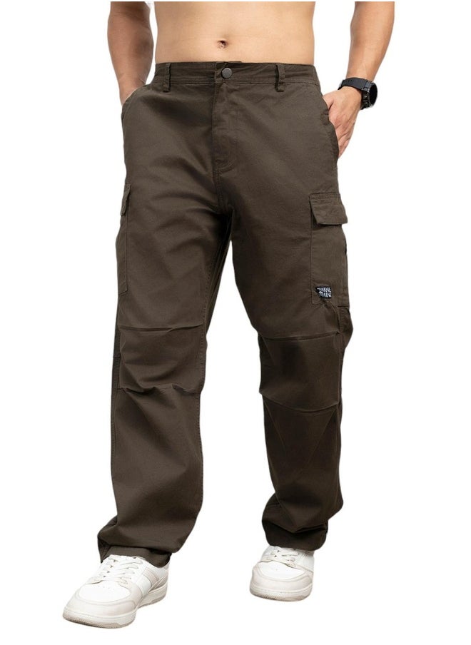 Hubberholme Men's Dark Olive Cotton Blend Solid Pattern Full Length Cargo Relaxed Trouser  - Image 1