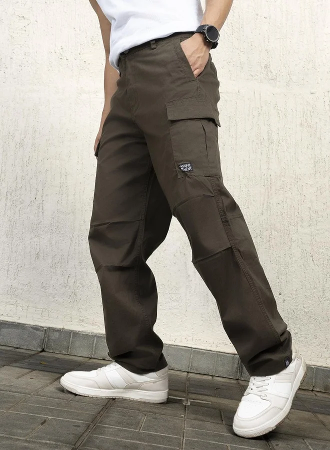 Hubberholme Men's Dark Olive Cotton Blend Solid Pattern Full Length Cargo Relaxed Trouser