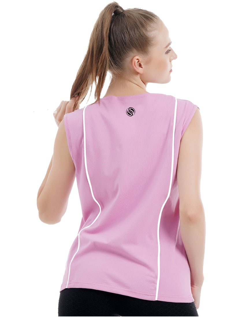 Selecta Now - Ladies Sleeveless Cotton T-Shirt Baby Pink Breathable Contrast Piping Tank Top Soft Stretchable Women’s T Shirt Ideal for Hot Climate - Image 1