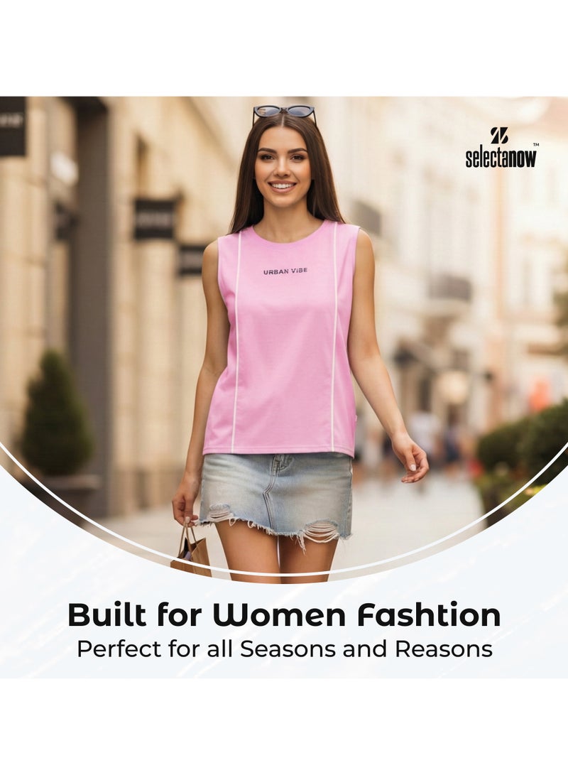 Selecta Now Ladies Sleeveless Cotton T-Shirt Baby Pink Breathable Contrast Piping Tank Top Soft Stretchable Women’s T Shirt Ideal for Hot Climate - Image 3