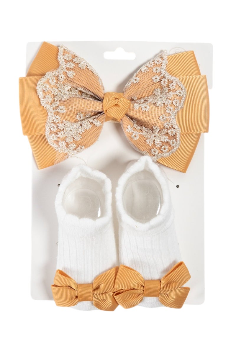 بمبىمىشى مجموعة جوارب بامبيميسي  مع طوق رأس بشريط كبير فيونكة - أصفر خردلي