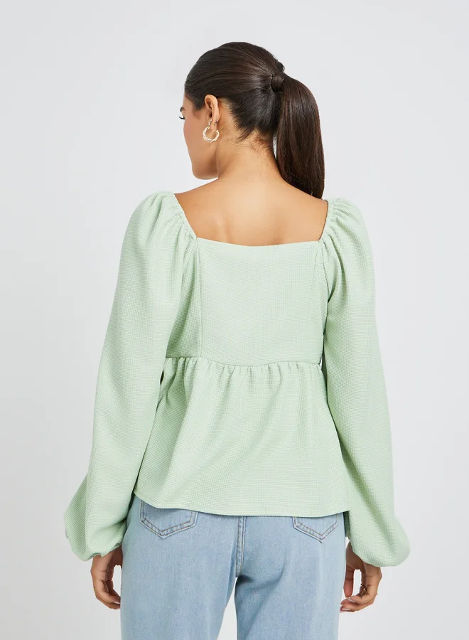 Styli Textured Balloon Sleeve Square Neck Blouse