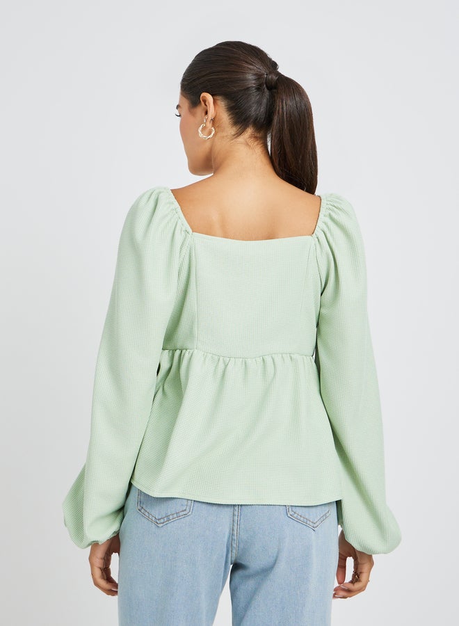 Styli Textured Balloon Sleeve Square Neck Blouse - Image 4