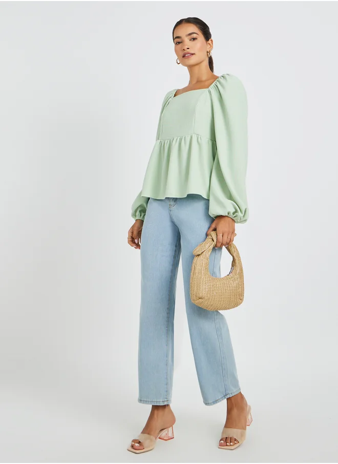 ستايلي Textured Balloon Sleeve Square Neck Blouse