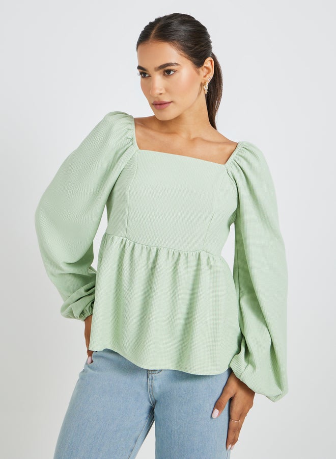 Styli Textured Balloon Sleeve Square Neck Blouse - Image 1