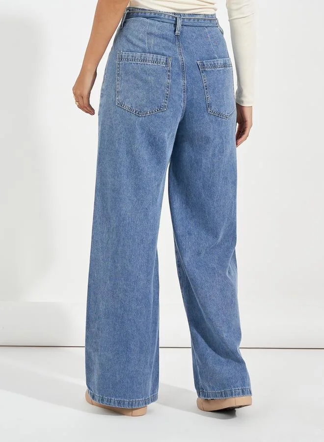 Styli High Rise Wide Leg Jeans with Tie Belt