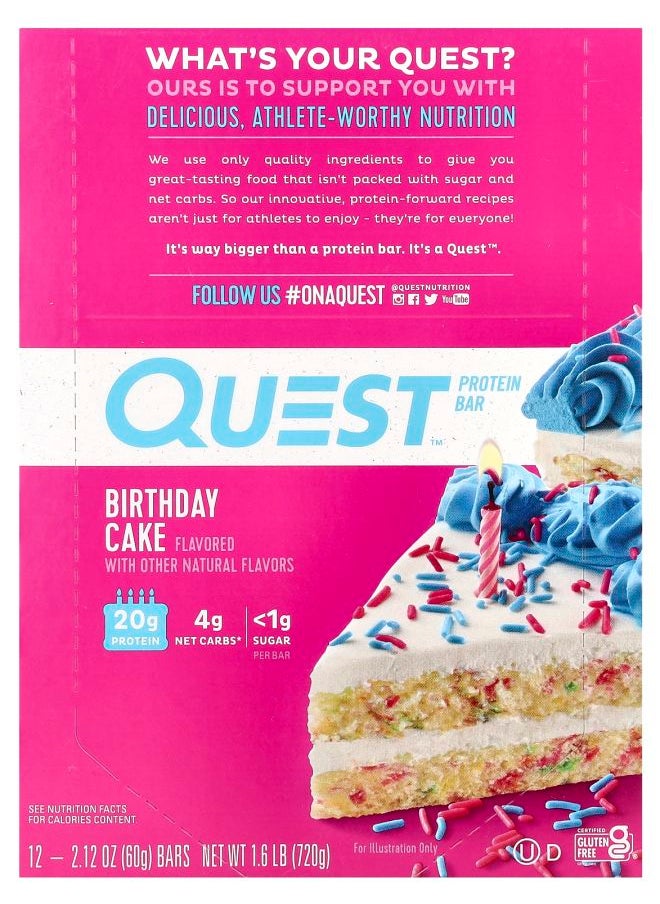 QUEST NUTRITION Protein Bar Birthday Cake 12 Bars 2.12 oz (60 g) Each 