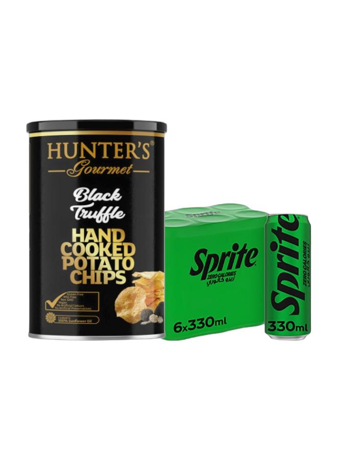 noon Hunter's Gourmet Hand Cooked Potato Chips Black Truffle 150grams + Sprite Zero Lemon Lime Carbonated Soft Drink Can Pack 6 x 330ml