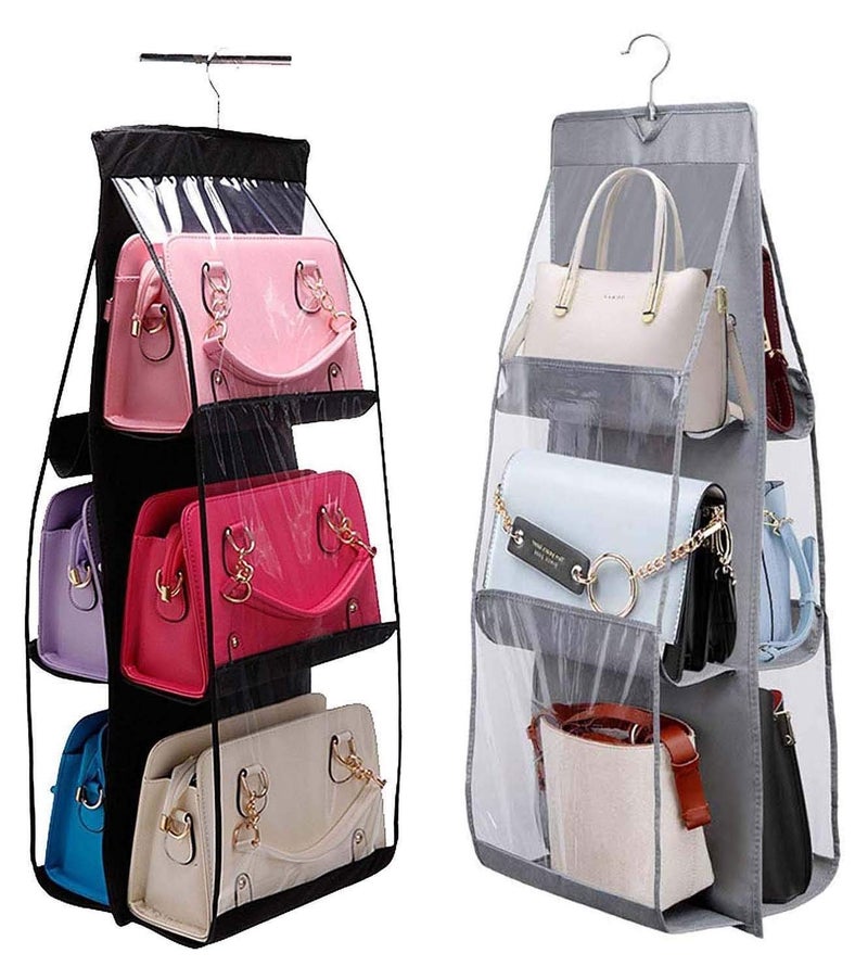 UNICRAFTS Purse Handbag Organizer 6 Pocket Foldable Large Clear AntiDust with Hook Purse Hanger Storage Holder for Wardrobe Closet Organizer Combo Pack of 2 Pc Black Grey 11 - Image 1