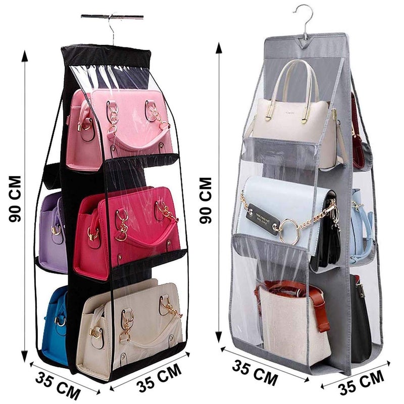 UNICRAFTS Purse Handbag Organizer 6 Pocket Foldable Large Clear AntiDust with Hook Purse Hanger Storage Holder for Wardrobe Closet Organizer Combo Pack of 2 Pc Black Grey 11 - Image 4