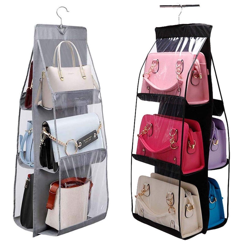 UNICRAFTS Purse Handbag Organizer 6 Pocket Foldable Large Clear AntiDust with Hook Purse Hanger Storage Holder for Wardrobe Closet Organizer Combo Pack of 2 Pc Black Grey 11 - Image 2