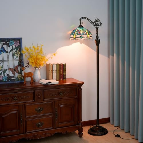 Blivuself Tiffany Floor Lamp Vintage Standing Lamp Green Blue Dragonfly Stained Glass Floor Light Rustic Corner Gooseneck Floor Lamp with Adjustable Angle for Home Decor Living Room Bedroom 12X12X63 Inches - Image 4