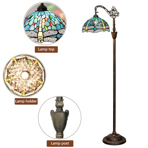 Blivuself Tiffany Floor Lamp Vintage Standing Lamp Green Blue Dragonfly Stained Glass Floor Light Rustic Corner Gooseneck Floor Lamp with Adjustable Angle for Home Decor Living Room Bedroom 12X12X63 Inches - Image 5