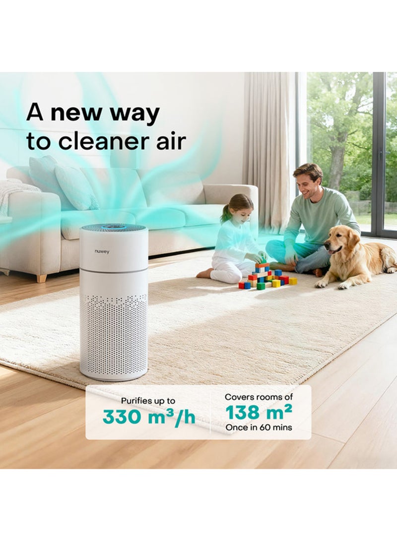 Nuwey Air Purifier – 4-Stage Filtration (Pre-Filter, Anti-Microbial, H13 True HEPA, Activated Carbon), AirDetect Technology, Smart Air Quality Indicator, Low-Noise 25dB Operation, Fan & Time Control, Filter Health Monitor, AP330, White, 2-Year Warranty AP330ME white - Image 2