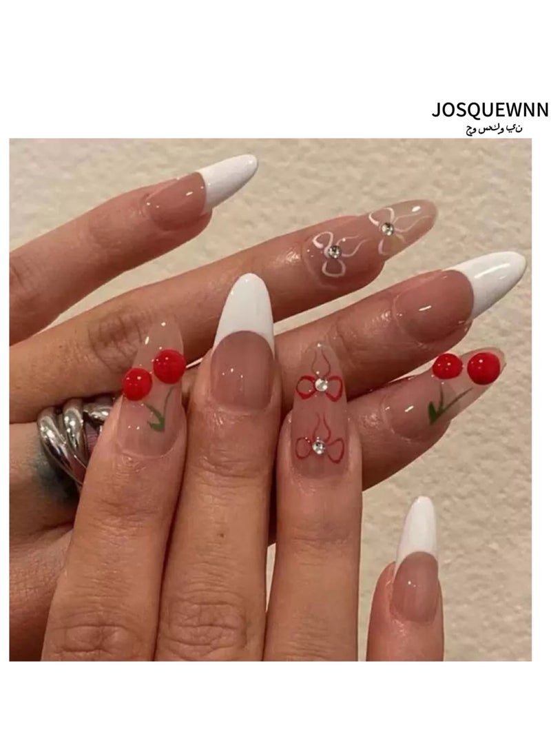 جوسكوين أظافر لاصقة جاهزة للاستخدام، 24 قطعة، مع تصميم يزينها الكرز والفراشات، مجموعة من 24 قطعة فنية منشطة، مثالية للاستخدام اليومي. مجموعة أظافر أكريليك مع لاصق. - Image 1
