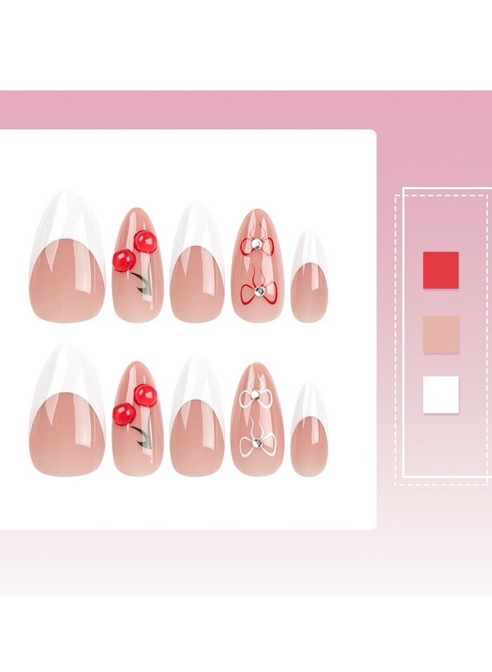 جوسكوين أظافر لاصقة جاهزة للاستخدام، 24 قطعة، مع تصميم يزينها الكرز والفراشات، مجموعة من 24 قطعة فنية منشطة، مثالية للاستخدام اليومي. مجموعة أظافر أكريليك مع لاصق. - Image 3