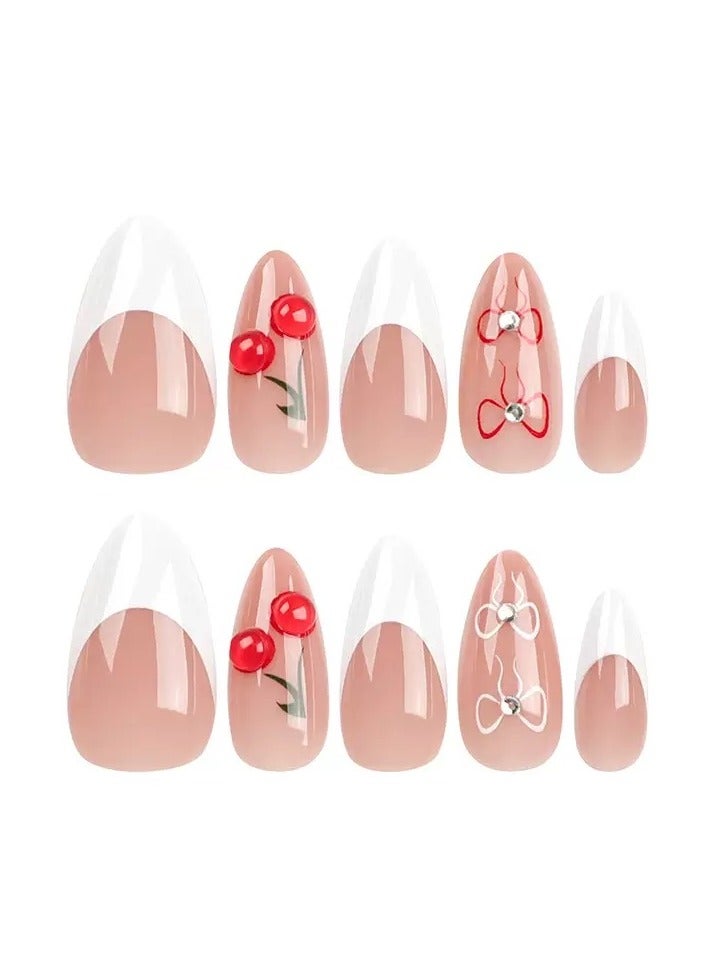 جوسكوين أظافر لاصقة جاهزة للاستخدام، 24 قطعة، مع تصميم يزينها الكرز والفراشات، مجموعة من 24 قطعة فنية منشطة، مثالية للاستخدام اليومي. مجموعة أظافر أكريليك مع لاصق. - Image 2