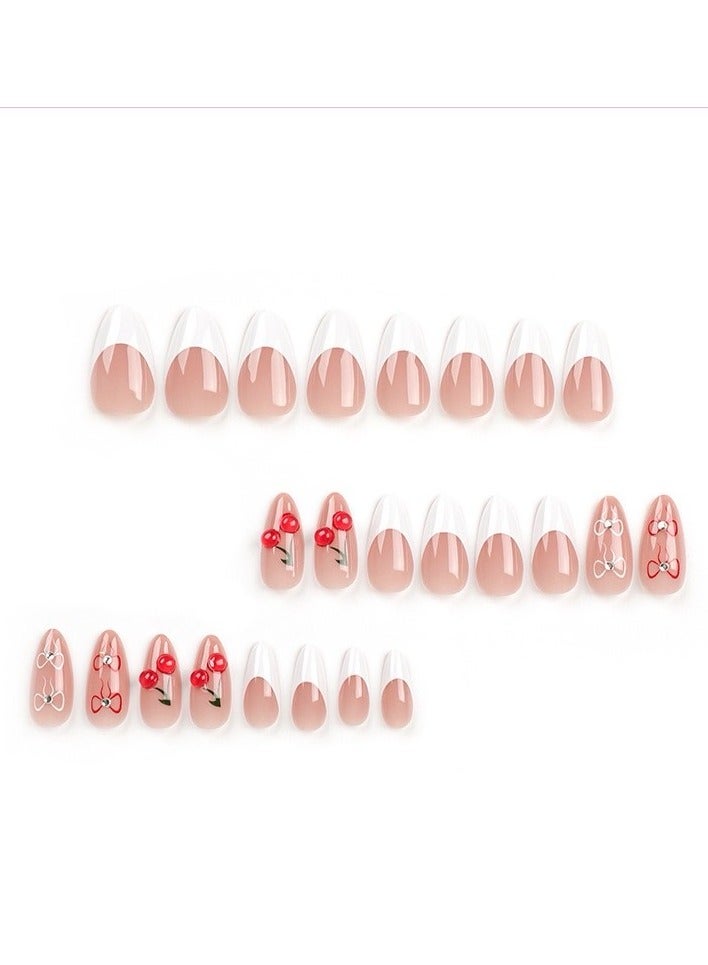 جوسكوين أظافر لاصقة جاهزة للاستخدام، 24 قطعة، مع تصميم يزينها الكرز والفراشات، مجموعة من 24 قطعة فنية منشطة، مثالية للاستخدام اليومي. مجموعة أظافر أكريليك مع لاصق. - Image 4