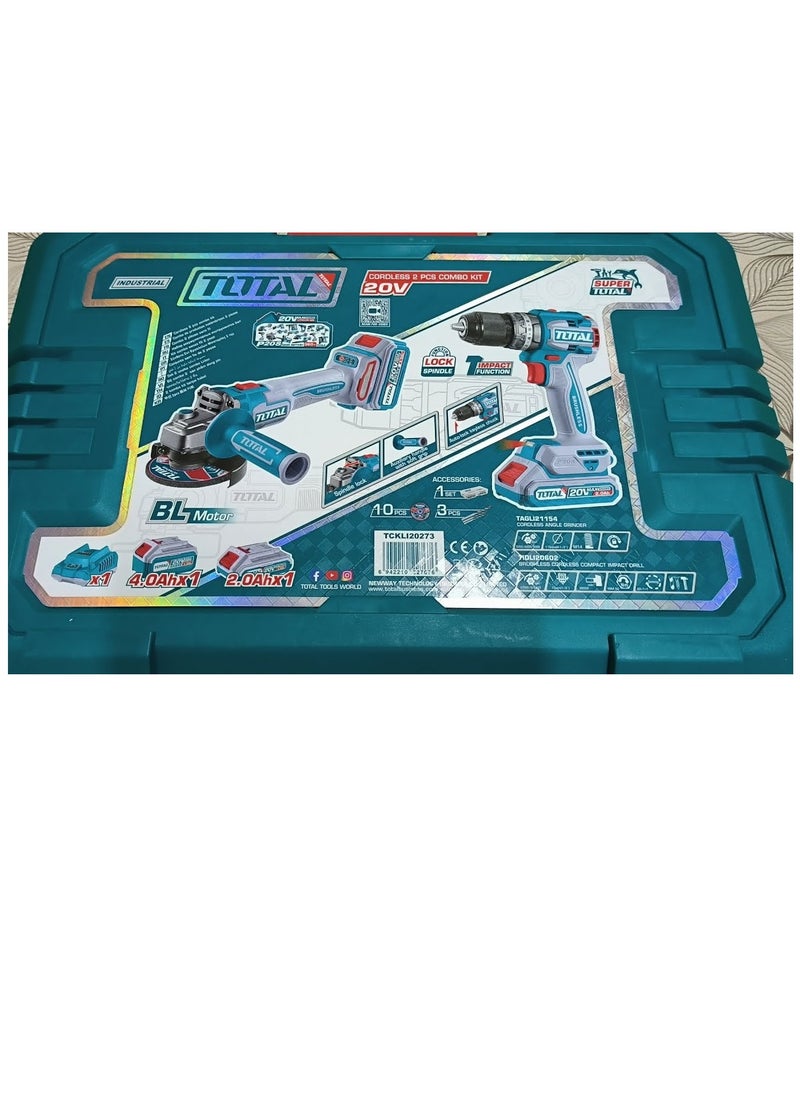 TOTAL Total 20V Cordless 2-Piece Combo Kit – Brushless Impact Drill 66Nm & Angle Grinder 115mm, 1000W with 47 Accessories, 10 Cutting Discs, 2×4.0Ah Batteries & Charger – Ideal for Drilling, Grinding & Cutting  - Image 5