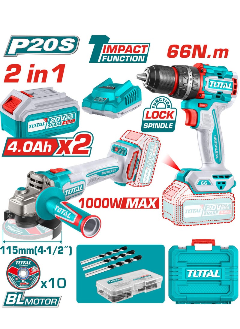TOTAL Total 20V Cordless 2-Piece Combo Kit – Brushless Impact Drill 66Nm & Angle Grinder 115mm, 1000W with 47 Accessories, 10 Cutting Discs, 2×4.0Ah Batteries & Charger – Ideal for Drilling, Grinding & Cutting  - Image 1
