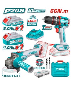 TOTAL Total 20V Cordless 2-Piece Combo Kit – Brushless Impact Drill 66Nm & Angle Grinder 115mm, 1000W with 47 Accessories, 10 Cutting Discs, 2×4.0Ah Batteries & Charger – Ideal for Drilling, Grinding & Cutting  - Image 2
