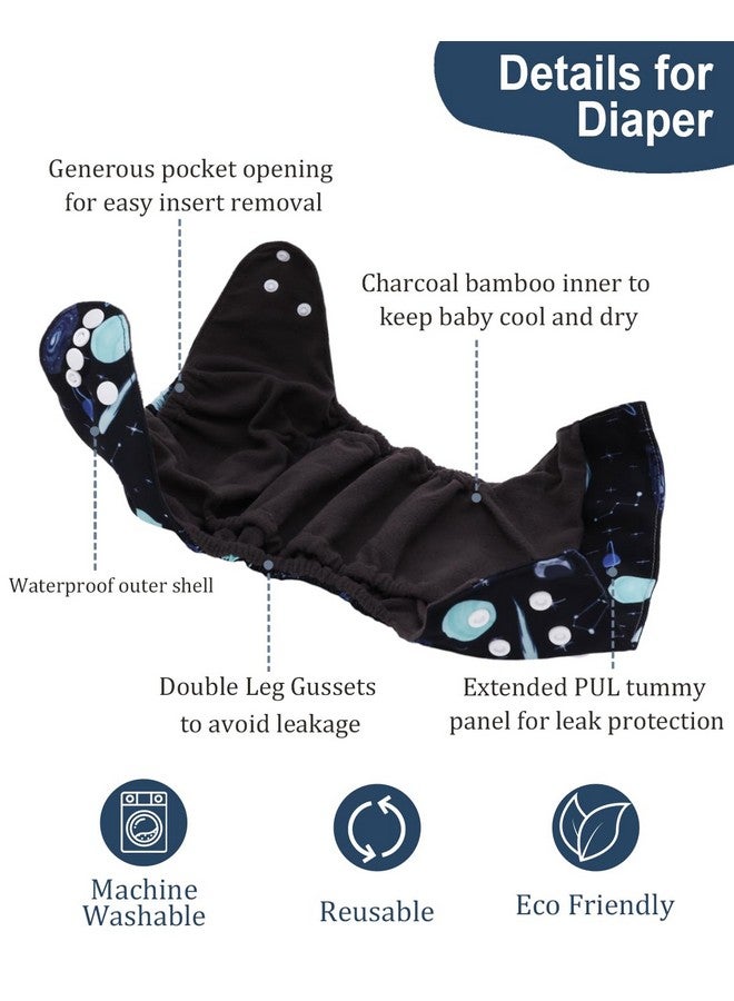 babygoal Reusable Charcoal Cloth Diapers with Double Gussets, 3 Pack Washable Baby Pocket Diapers with 3pcs Charcoal Inserts and Wet Dry Bag(Space,Moon,Star,Rocket) - Image 3